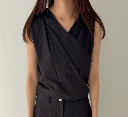 Shirred Sleeveless Wrap Blouse